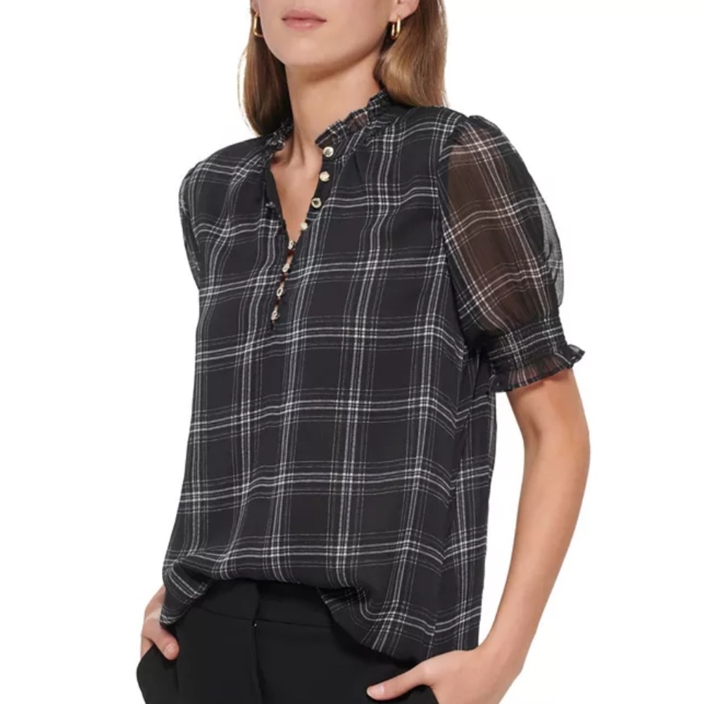 TOMMY HILFIGER RUFFLE NECK SMOCKED SLEEVE TOP